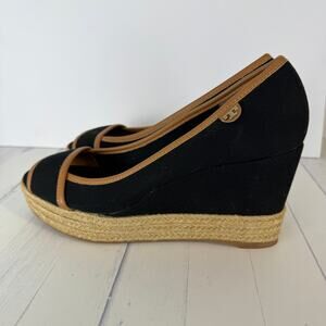 Tory Burch Women's Black Majorca Wedge Peep Toe Sandals Size 10